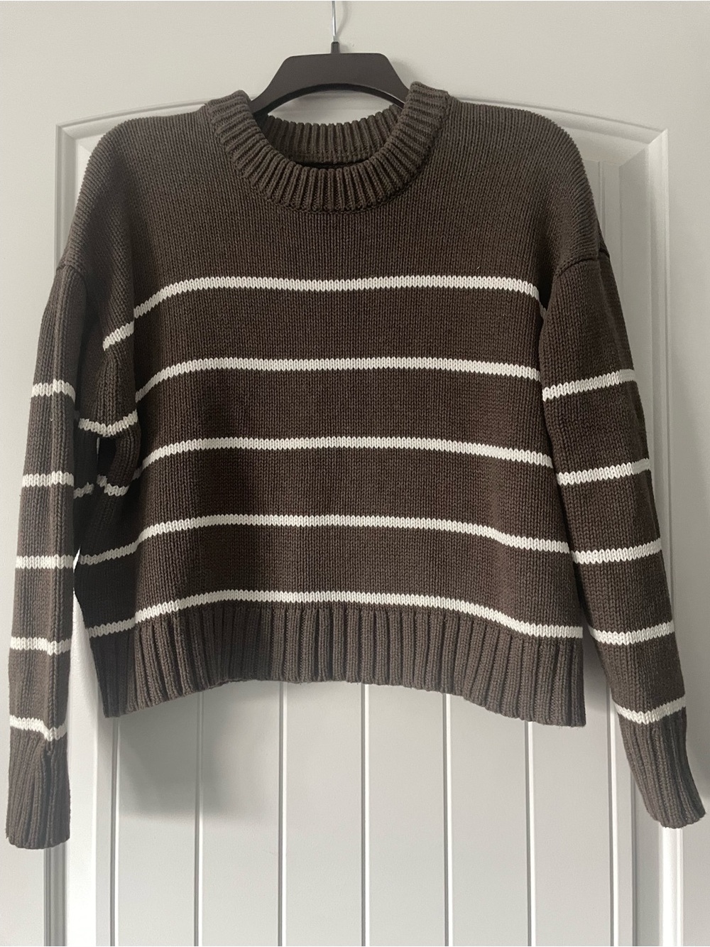 Quince Brown and White Striped Crewneck Sweater